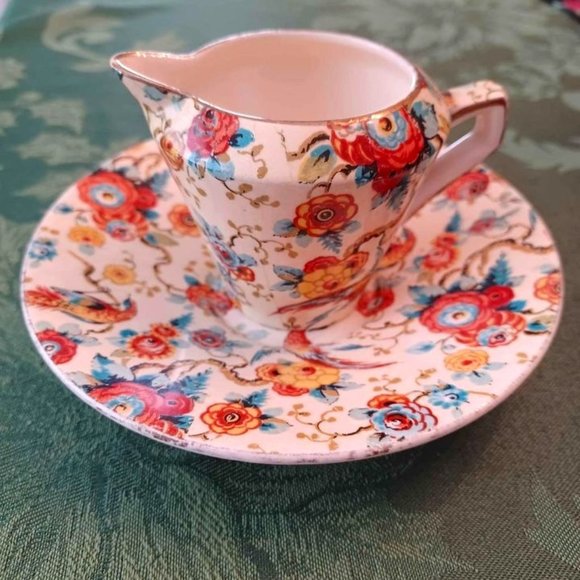 Grimwades England Royal Winton Ivory Norman Exotic Birds 1930s Creamer & Saucer - Picture 1 of 10